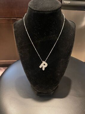 Initial 'R' Pavé Letter Necklace - Silver Tone